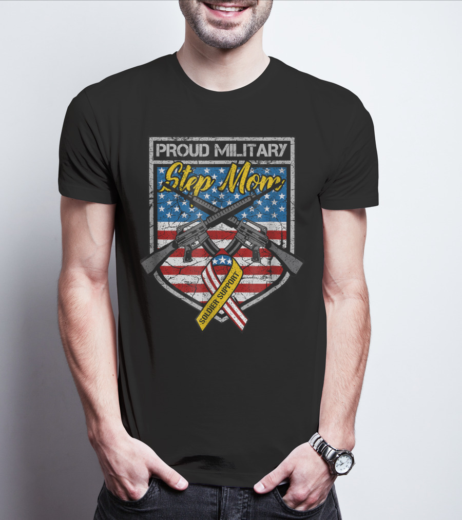 Proud Military Step Mom Soldier Support USA Flag 81 T-Shirt