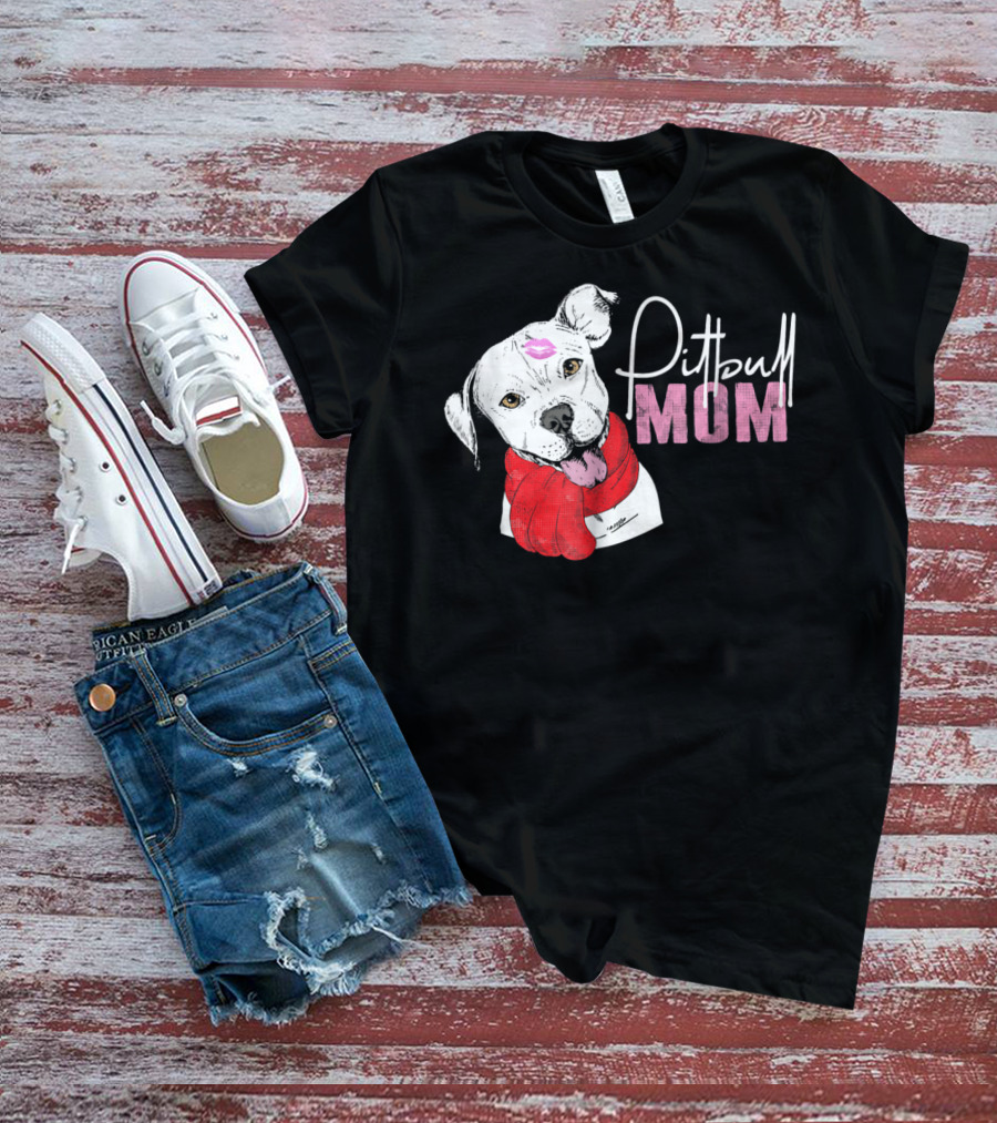 Pitbull Mom Pittie With Kissed Face And Red Scarf T-Shirt