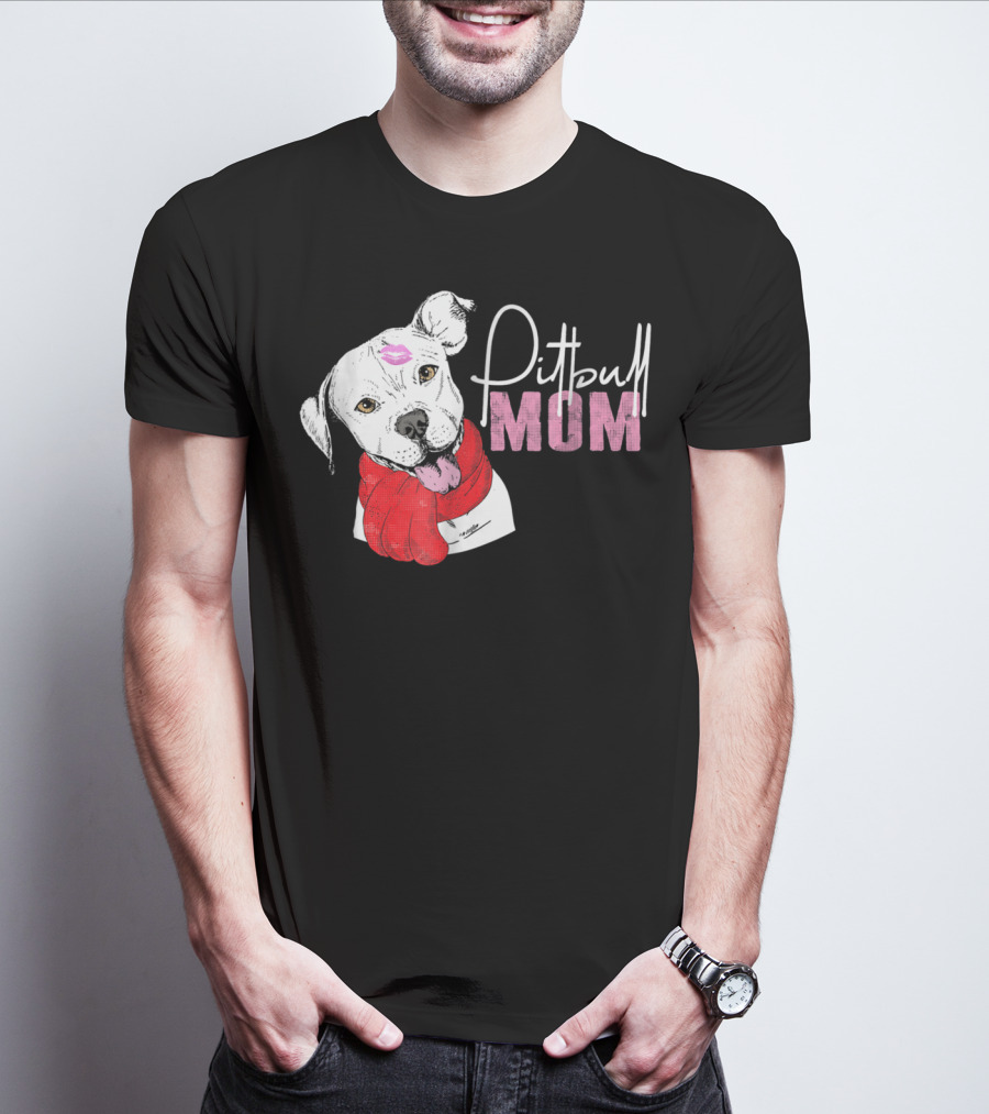 Pitbull Mom Pittie With Kissed Face And Red Scarf T-Shirt