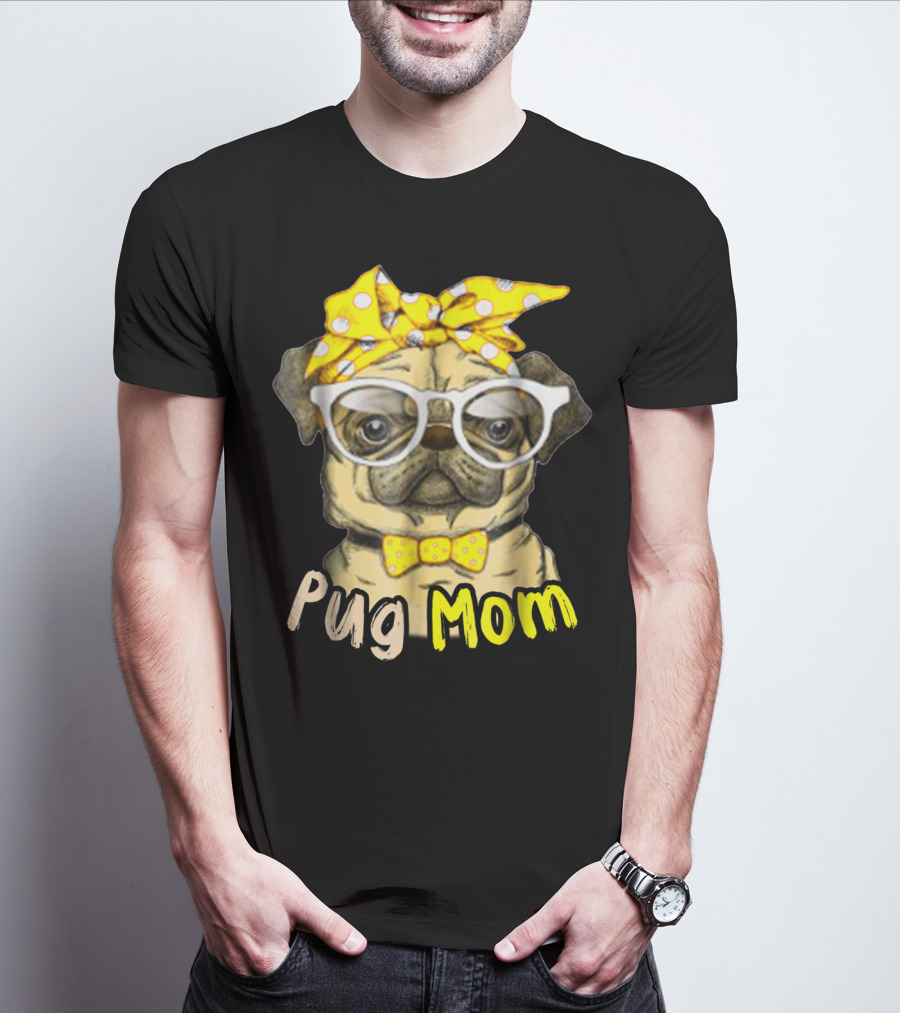 Pug Mom With Yellow Polka Dot Bow And Glasses For Dog Lovers T-Shirt