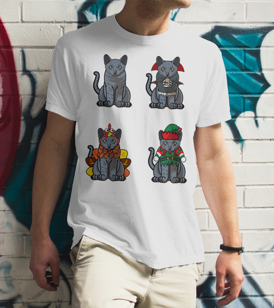 Blue Cat Halloween Thanksgiving Christmas Costumes T-Shirt