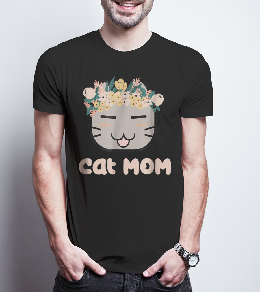 Cat Mom Floral Cat With Flower Crown T-Shirt