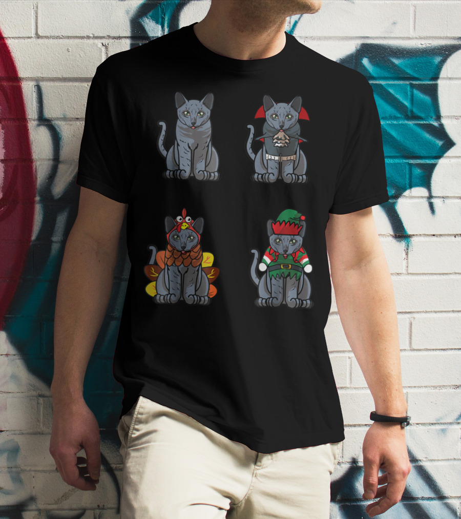 Blue Halloween Thanksgiving Christmas Cat Costume Quartet T-Shirt