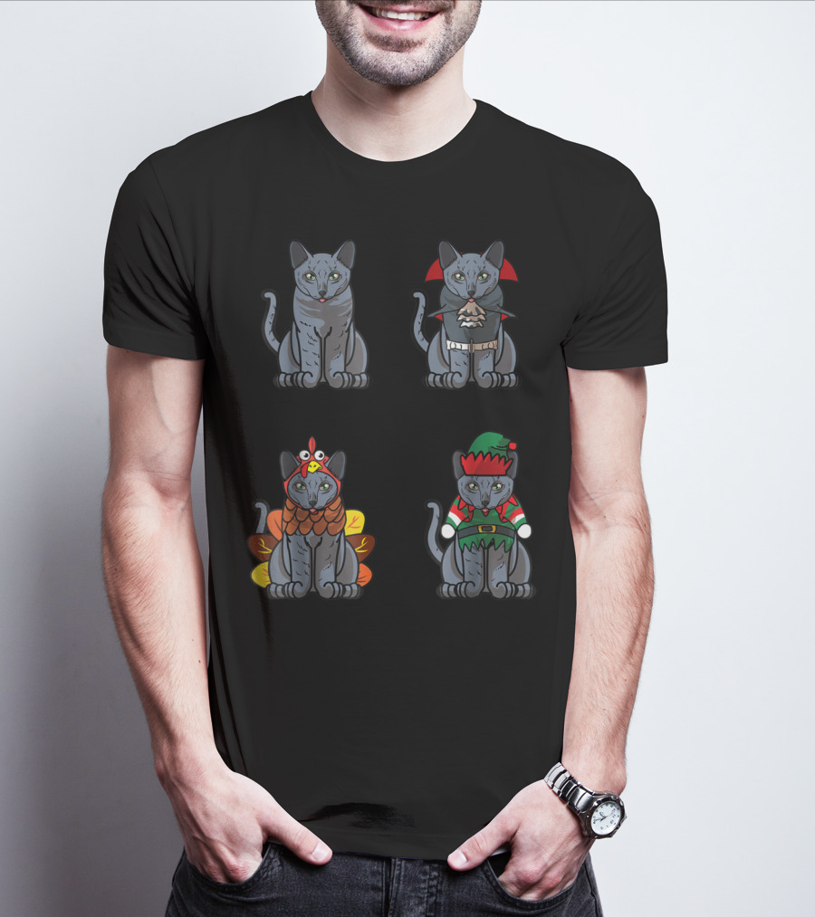 Blue Halloween Thanksgiving Christmas Cat Costume Quartet T-Shirt
