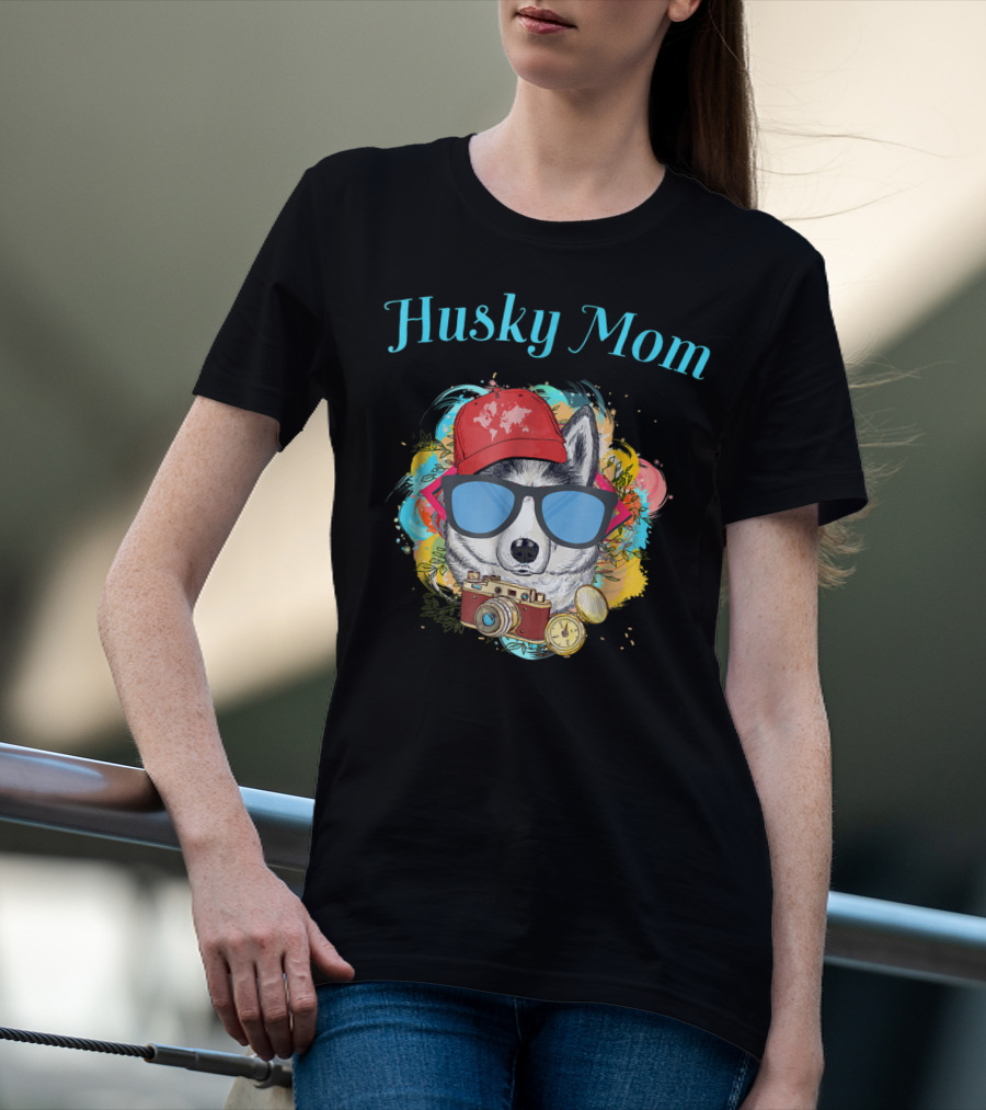 Husky Mom Dog With Red Cap And Sunglasses Surrounded By Camera T-Shirt