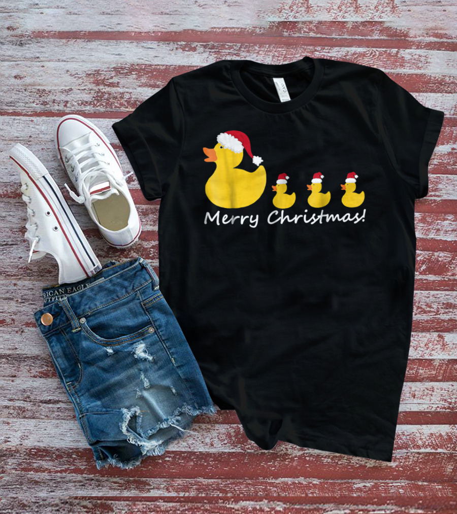 Merry Christmas Rubber Duck Family Santa Hat Mom Of Three T-Shirt