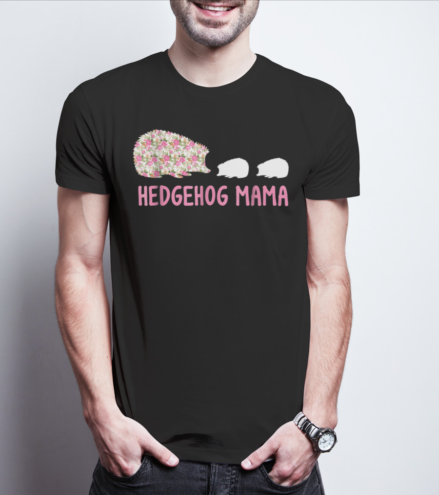Hedgehog Mama With Floral Pattern And Babies T-Shirt
