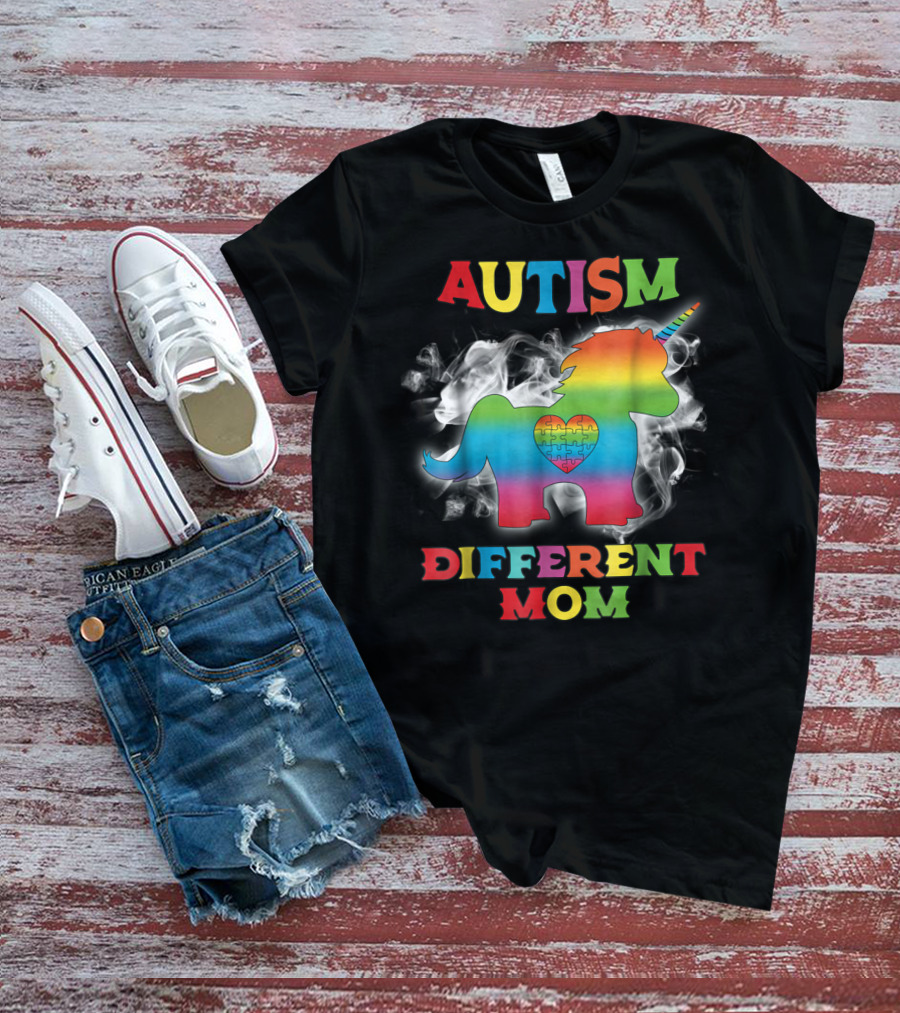 Autism Different Mom Rainbow Puzzle Heart Unicorn T-Shirt