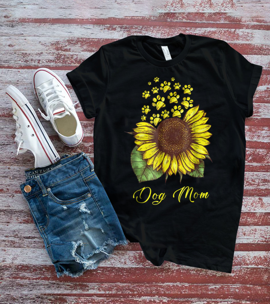 Dog Mom Sunflower With Paw Print Accents T-Shirt