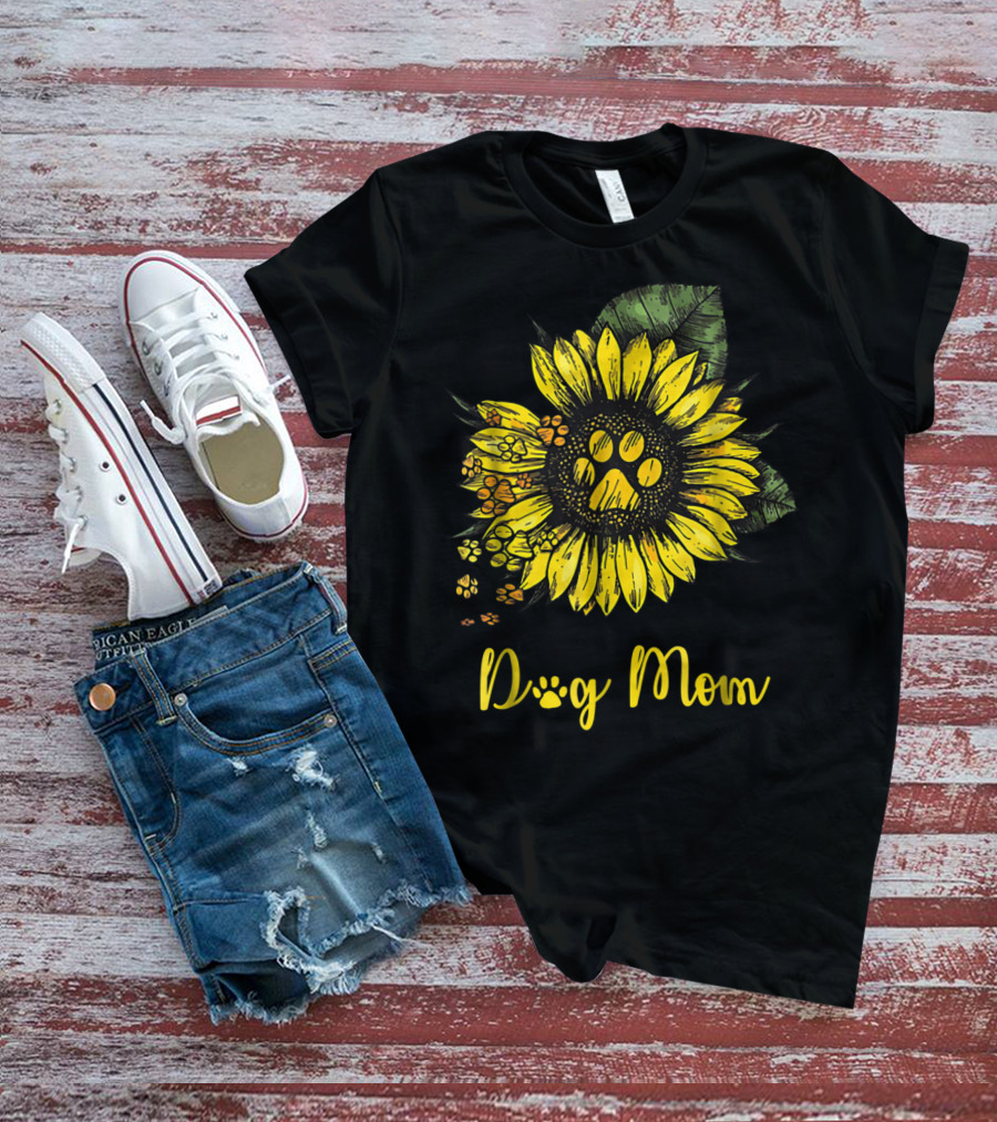 Dog Mom Paw Print Sunflower Blossom T-Shirt
