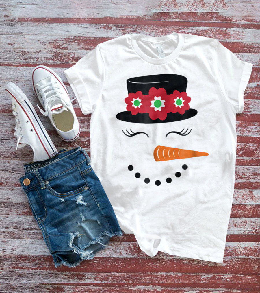 Family Christmas Card Snowman Woman With Hat And Flowers Mom Girl25 T-Shirt