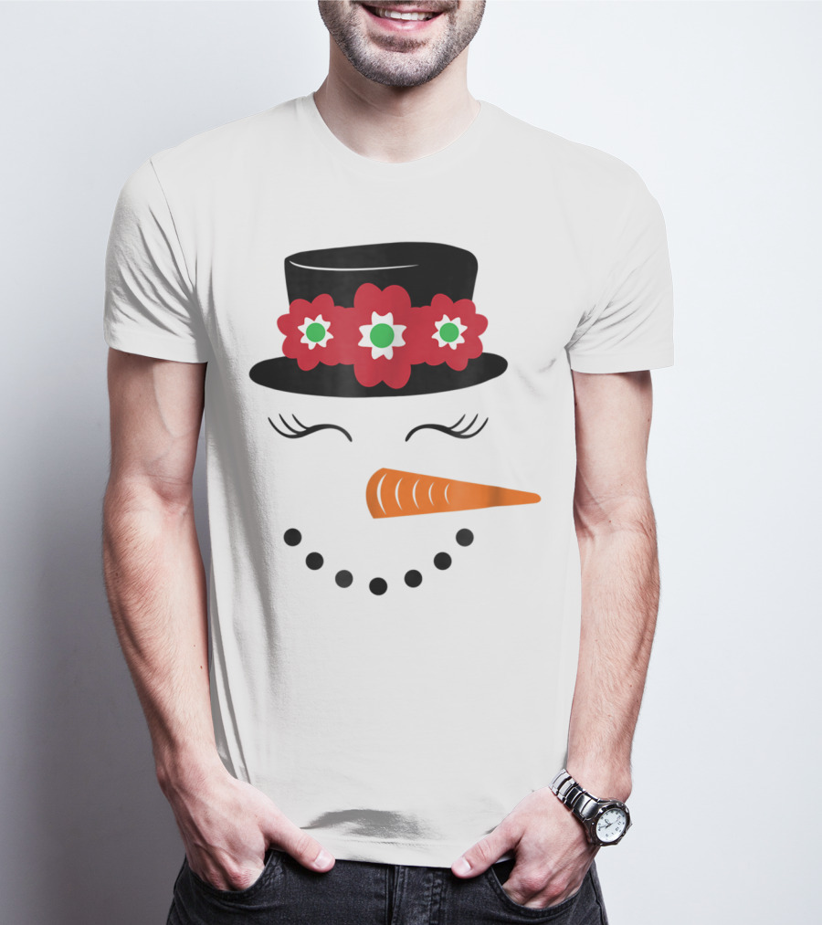 Family Christmas Card Snowman Woman With Hat And Flowers Mom Girl25 T-Shirt