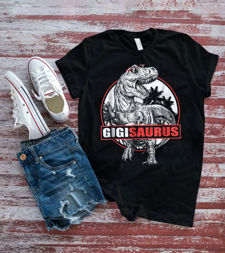 GigiSaurus Dinosaur Gigi Saurus T-Rex Palm Trees Red Glasses Circle T-Shirt