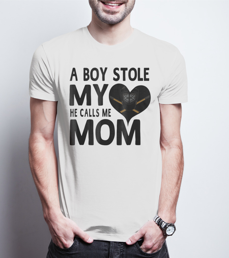 A Boy Stole My Heart He Calls Me Mom Hockey Heart Mask T-Shirt