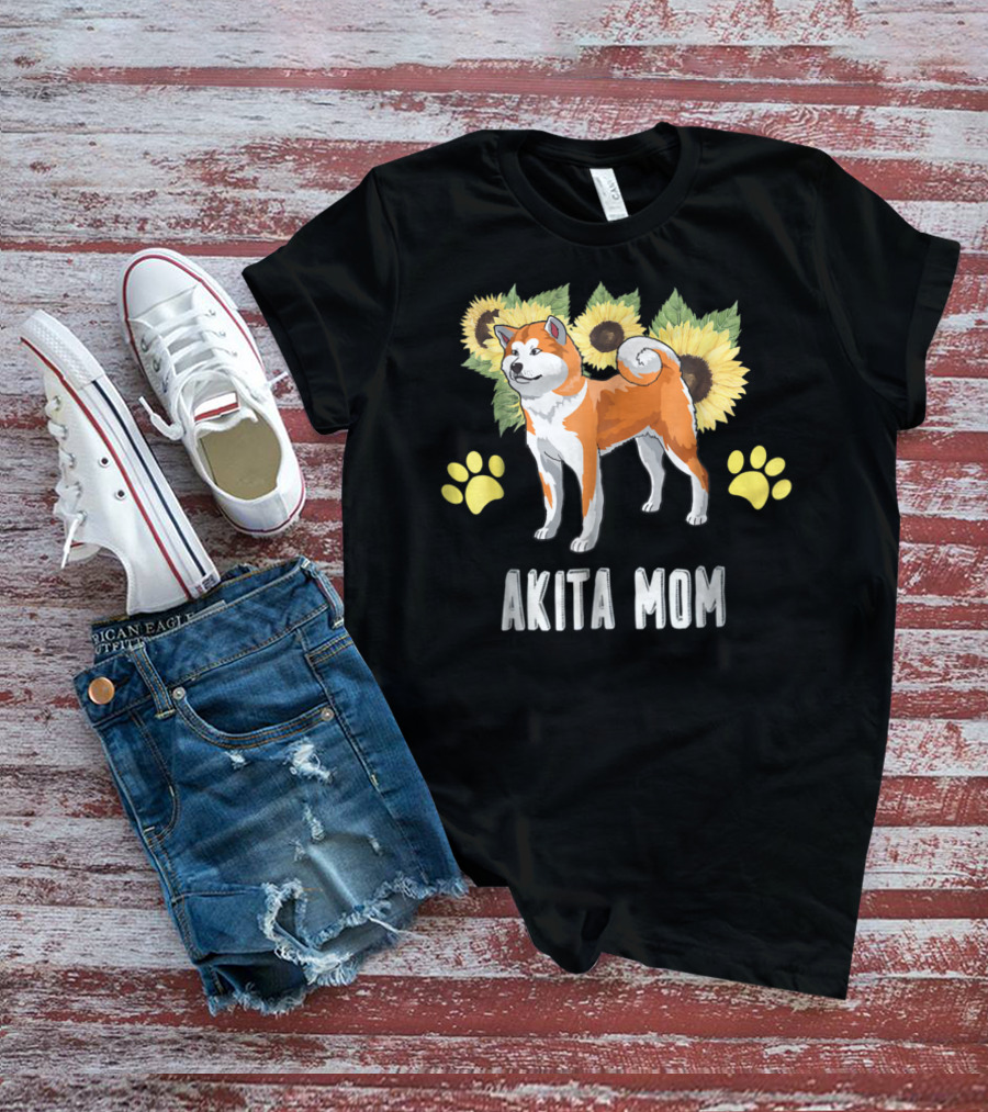 Akita Mom Sunflower With Paw Print Elements T-Shirt