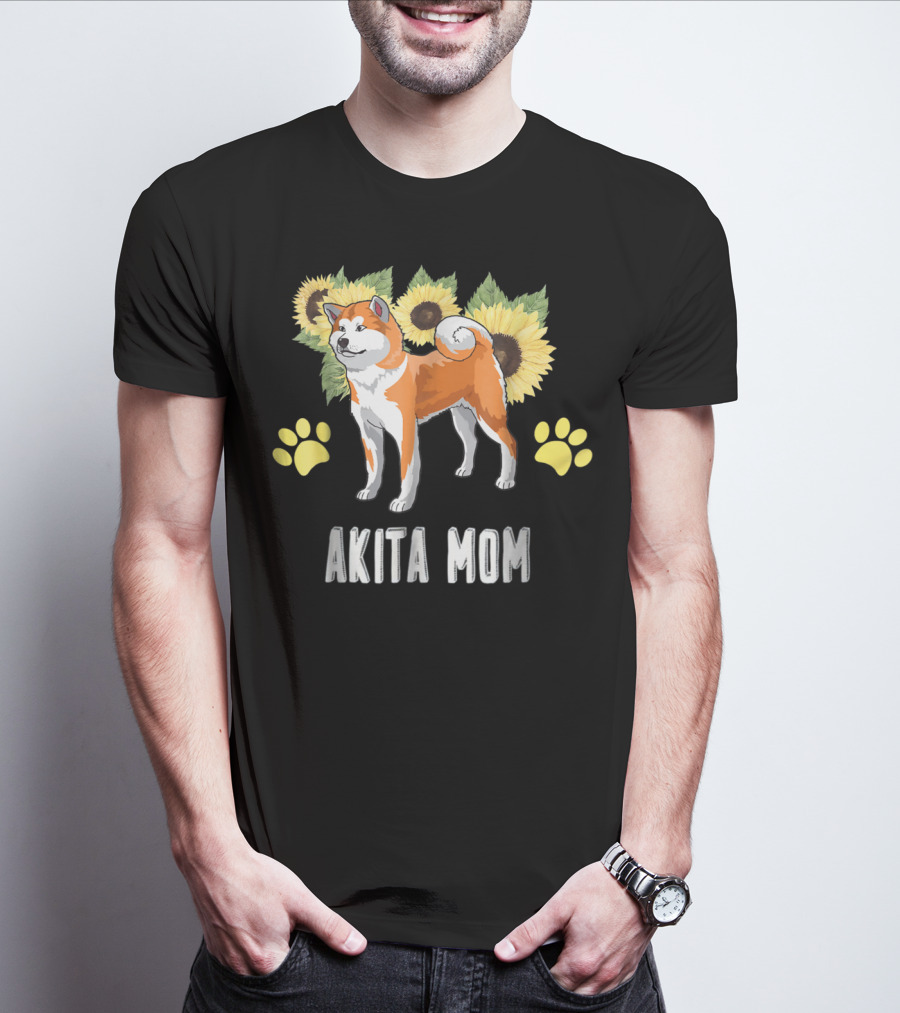 Akita Mom Sunflower With Paw Print Elements T-Shirt