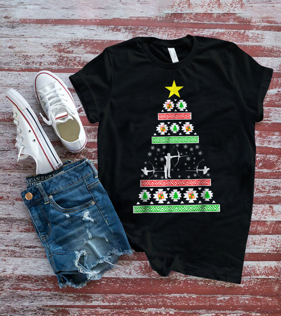 Archery Ugly Christmas Dad98 Tree Pattern With Star And Gifts T-Shirt