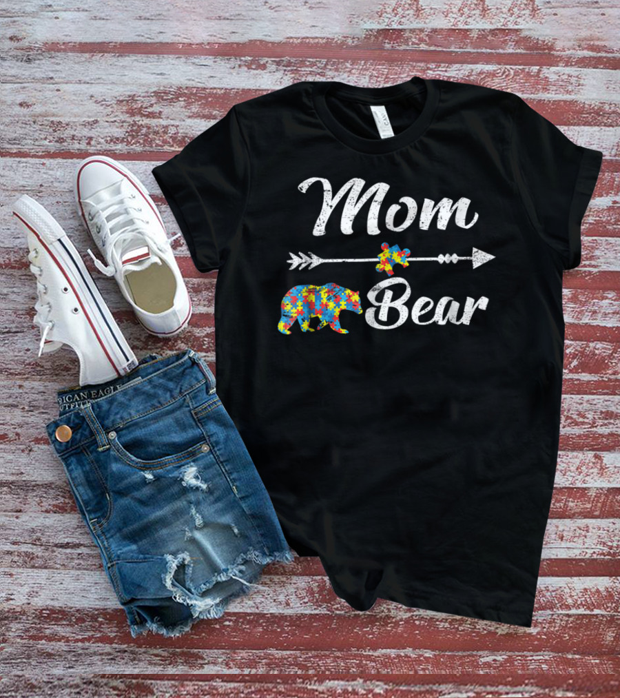 Mom Bear Arrow Heart Autism Awareness T-Shirt