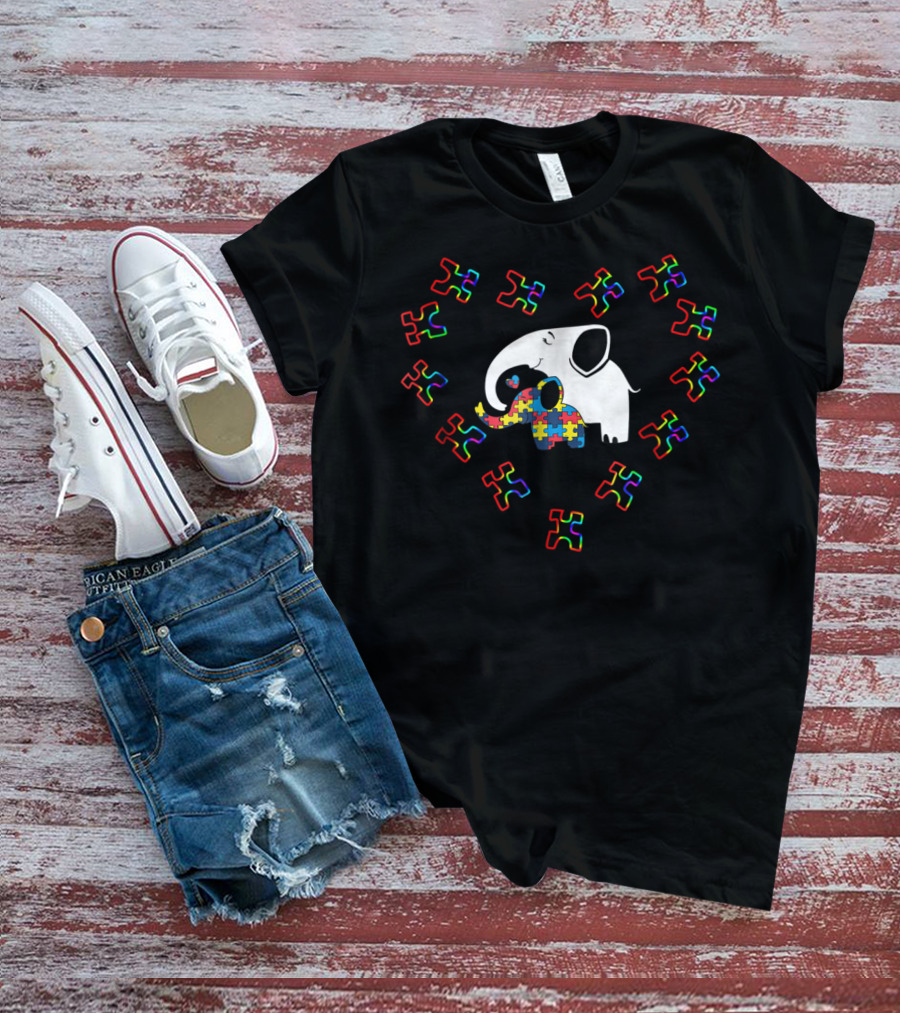 Autism Awareness Elephant Love Mom Kid Puzzle Heart T-Shirt