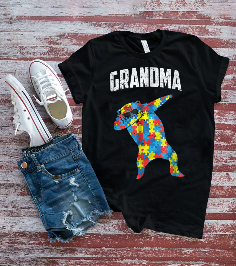 Dabbing Autism Puzzle Bear With Glasses Grandma T-Shirt