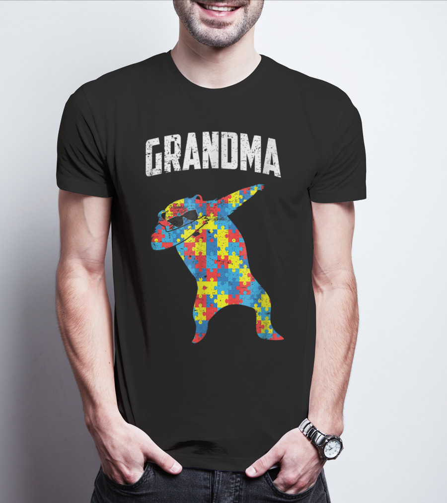 Dabbing Autism Puzzle Bear With Glasses Grandma T-Shirt