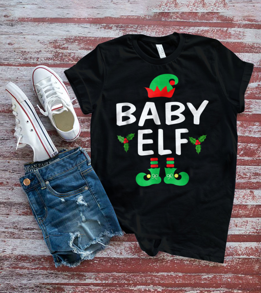 BABY ELF Christmas Green Hat Holly Boots T-Shirt