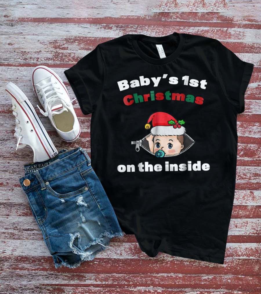 Baby's 1st Christmas On The Inside Mom To Be Santa Hat Zipper T-Shirt