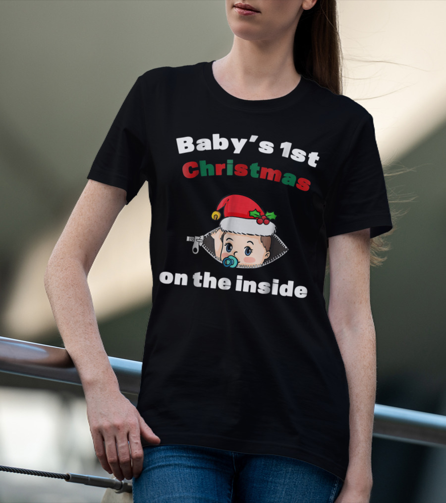 Baby's 1st Christmas On The Inside Mom To Be Santa Hat Zipper T-Shirt