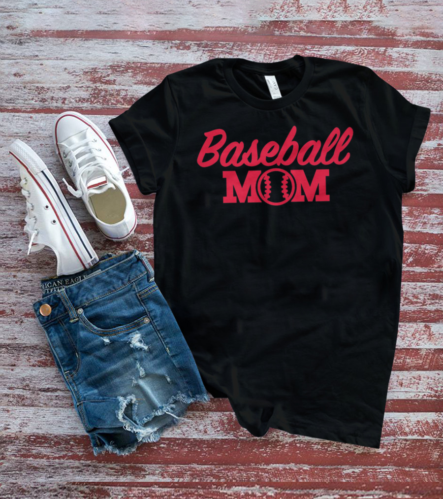 Baseball Mom Fitted Graphic With Red Text And Baseball Stitching T-Shirt