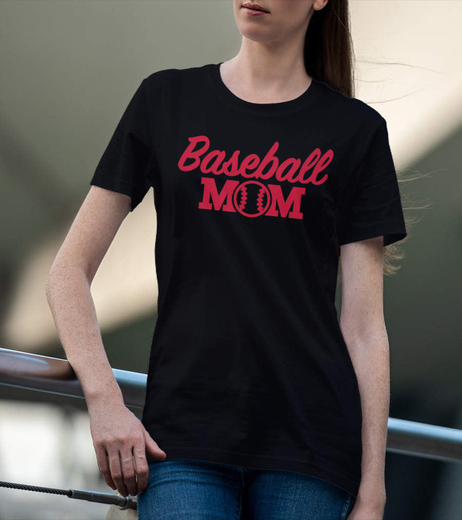 Baseball Mom Fitted Graphic With Red Text And Baseball Stitching T-Shirt