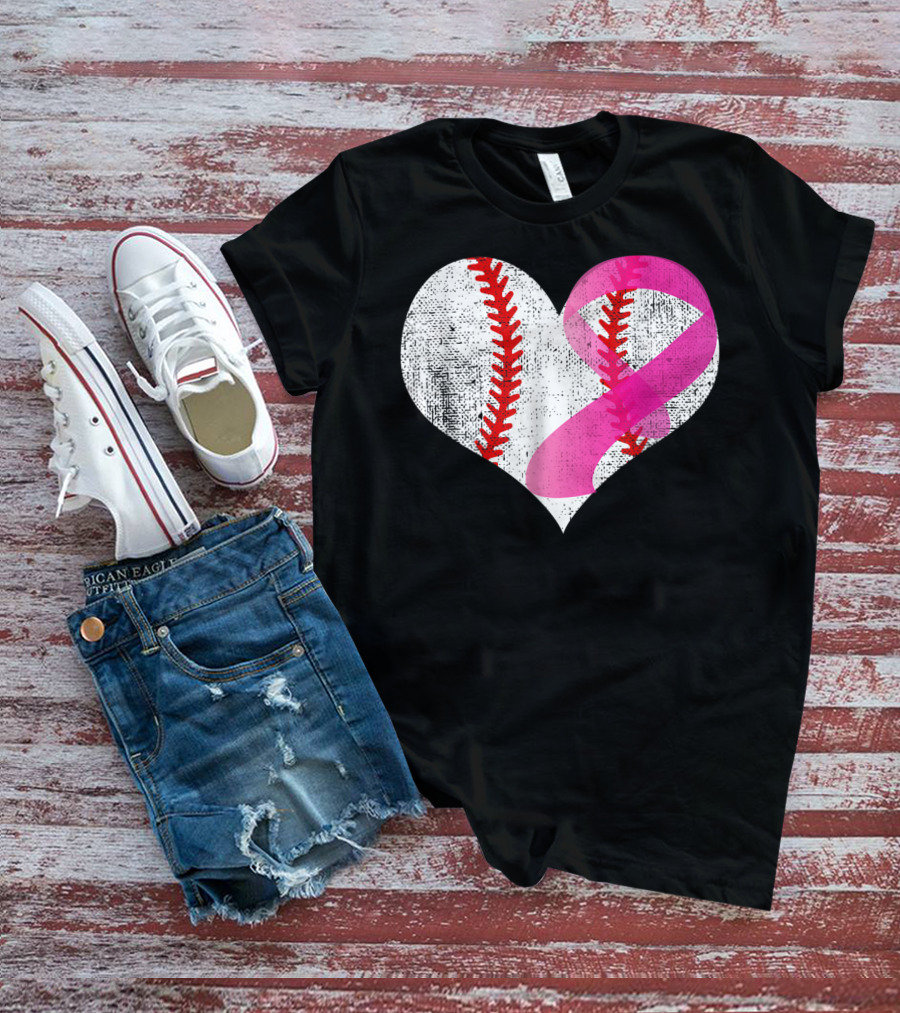 Baseball Heart Pink Ribbon Breast Cancer Awareness Mom81 T-Shirt