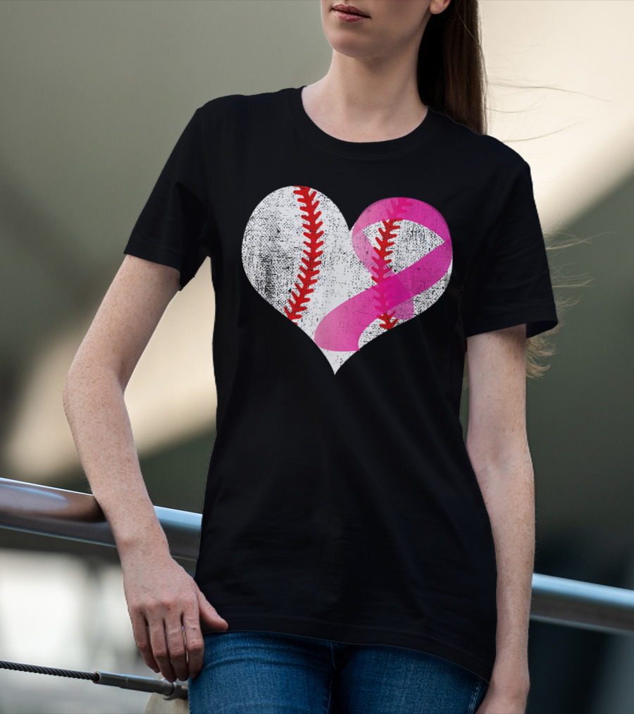 Baseball Heart Pink Ribbon Breast Cancer Awareness Mom81 T-Shirt