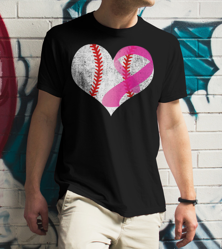 Baseball Heart Pink Ribbon Breast Cancer Awareness Mom81 T-Shirt
