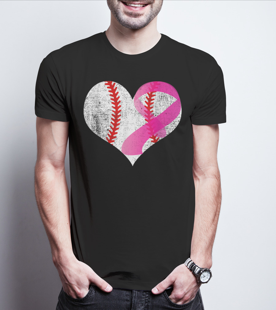 Baseball Heart Pink Ribbon Breast Cancer Awareness Mom81 T-Shirt