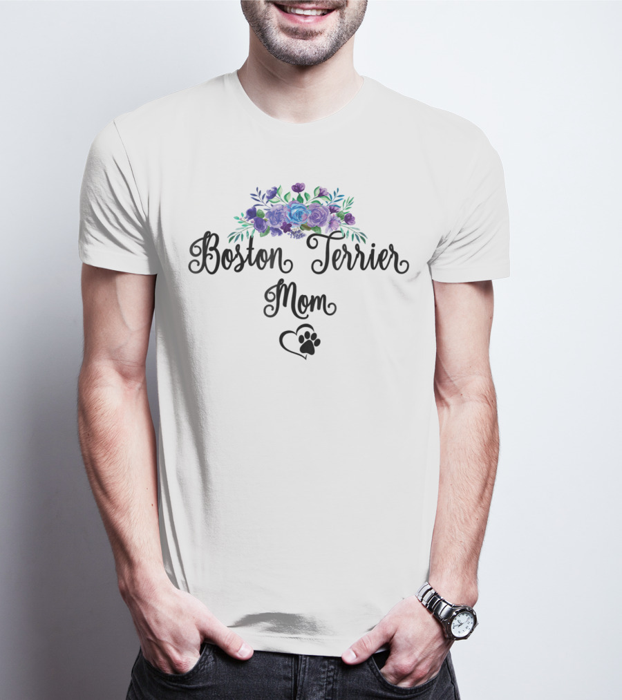 Boston Terrier Mom Floral Pawprint Heart T-Shirt
