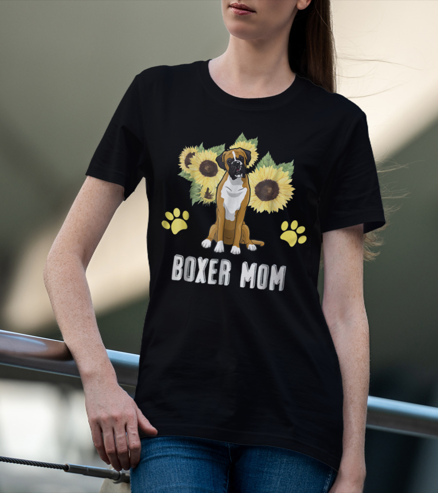 Boxer Mom Sunflowers Paw Prints T-Shirt
