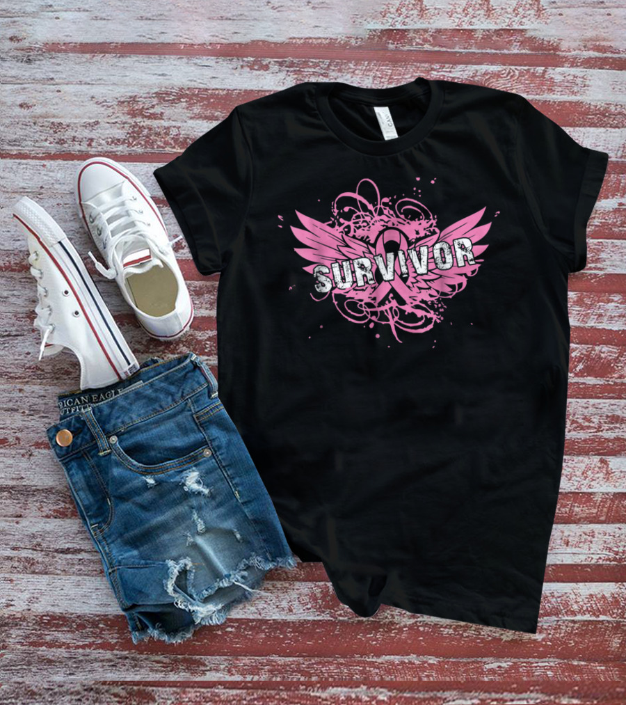 Survivor Pink Ribbon Breast Cancer Mom Wings T-Shirt