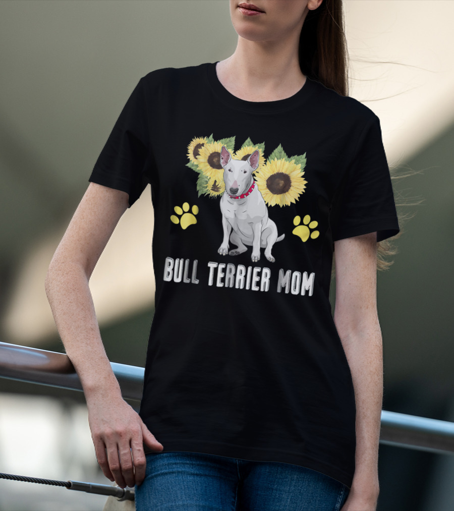 Bull Terrier Mom With Sunflowers And Paw Prints T-Shirt