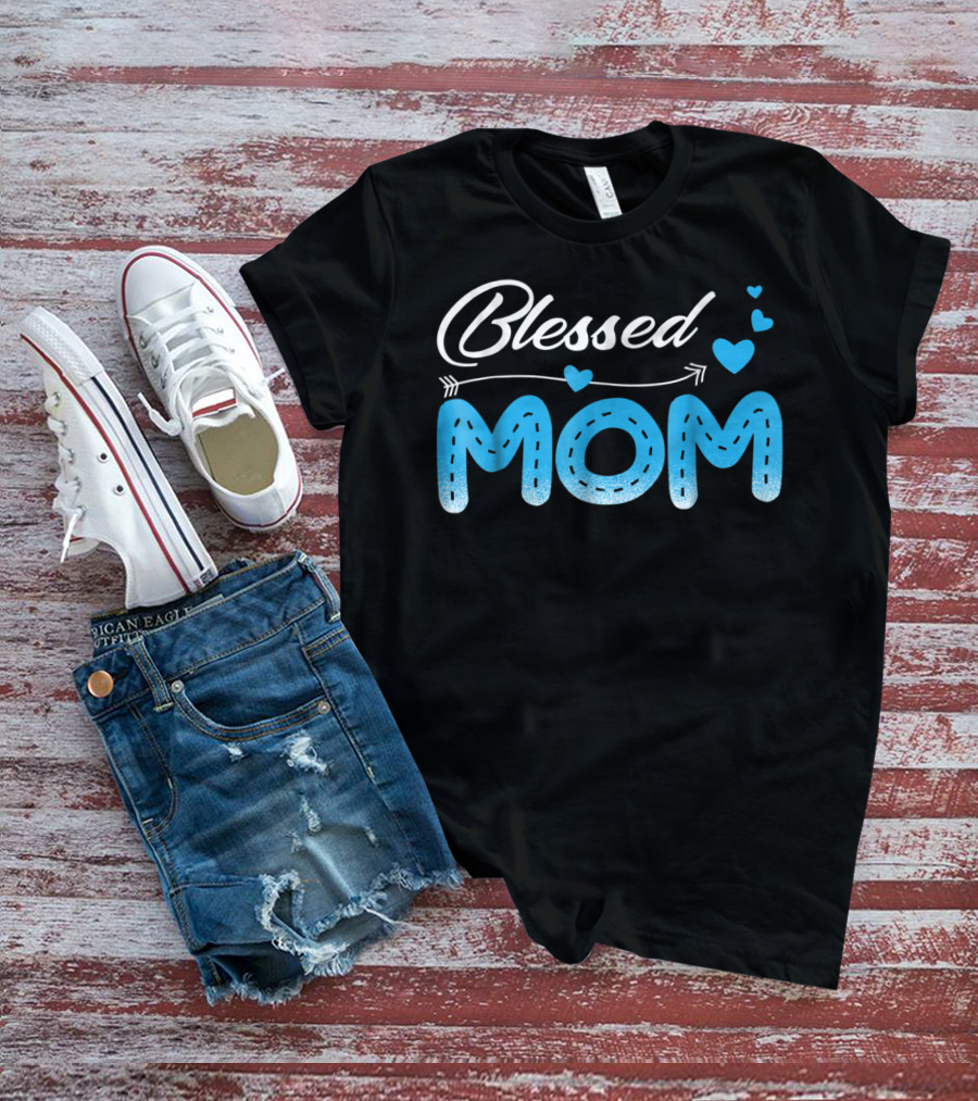 Blessed Mom Arrow Heart Blue Stitch T-Shirt