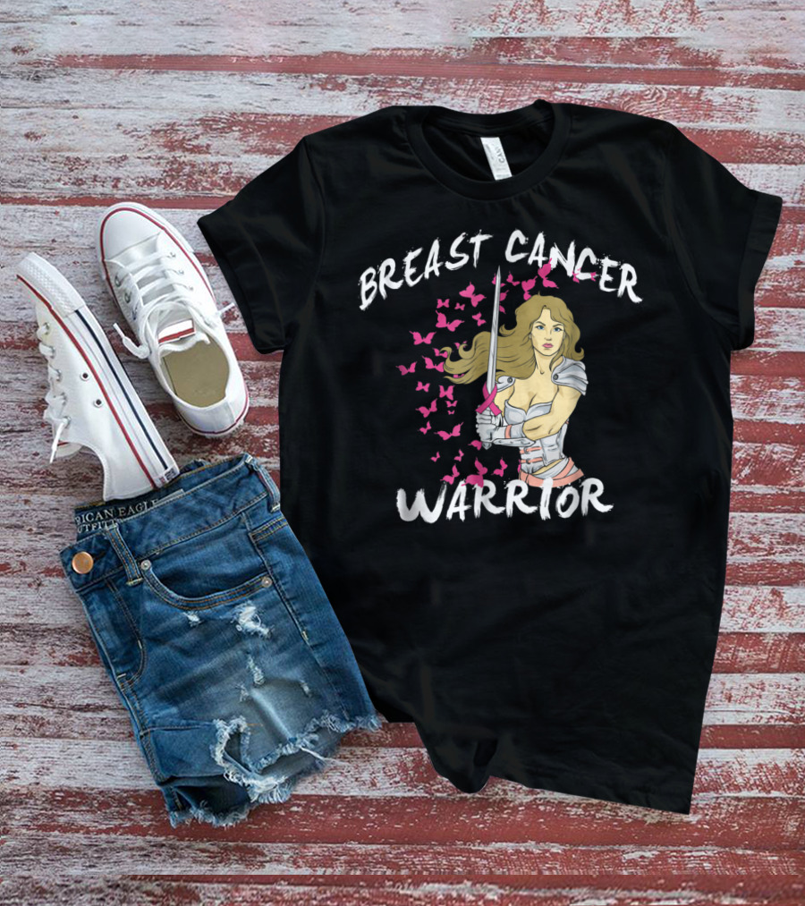 Breast Cancer Warrior Mom Knight With Ribbon Sword And Butterflies T-Shirt