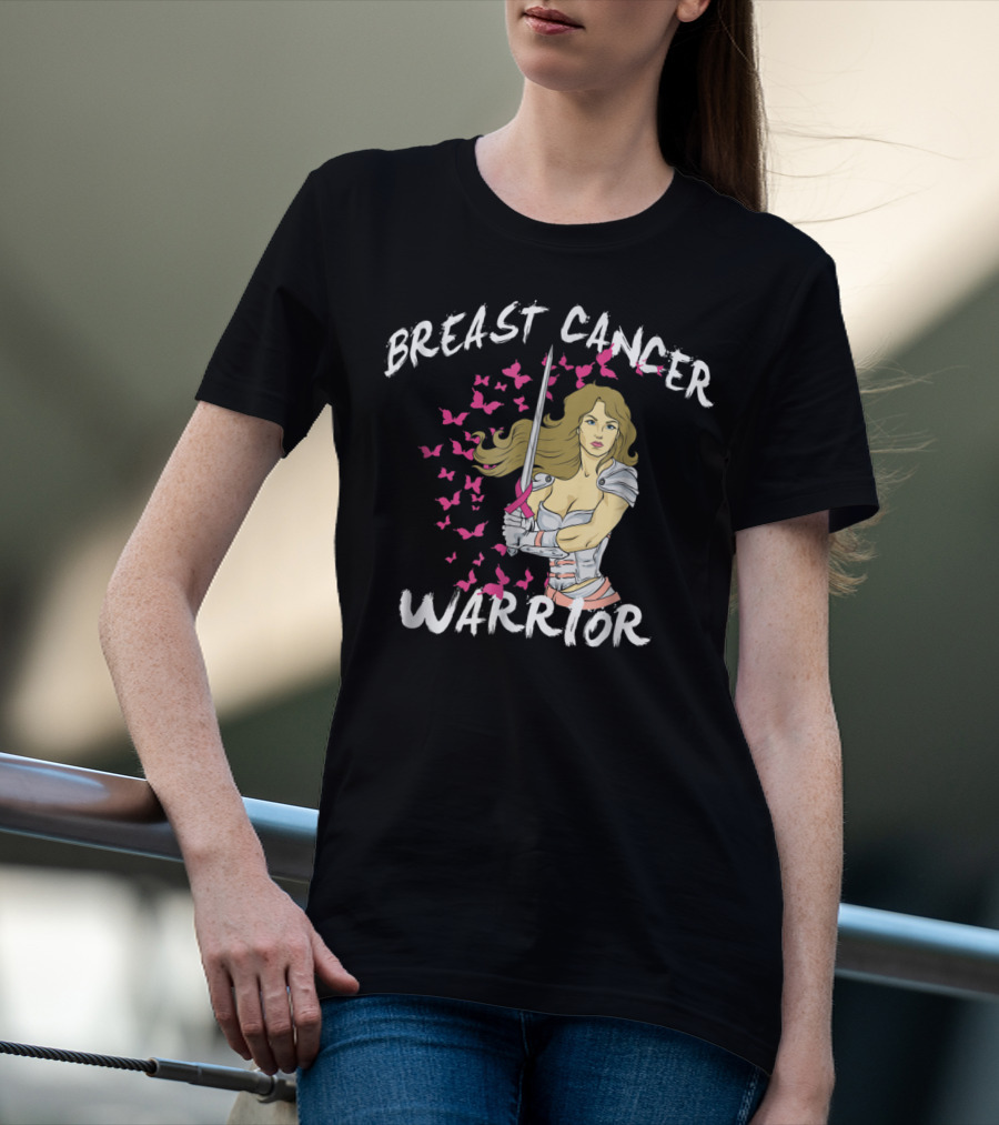Breast Cancer Warrior Mom Knight With Ribbon Sword And Butterflies T-Shirt