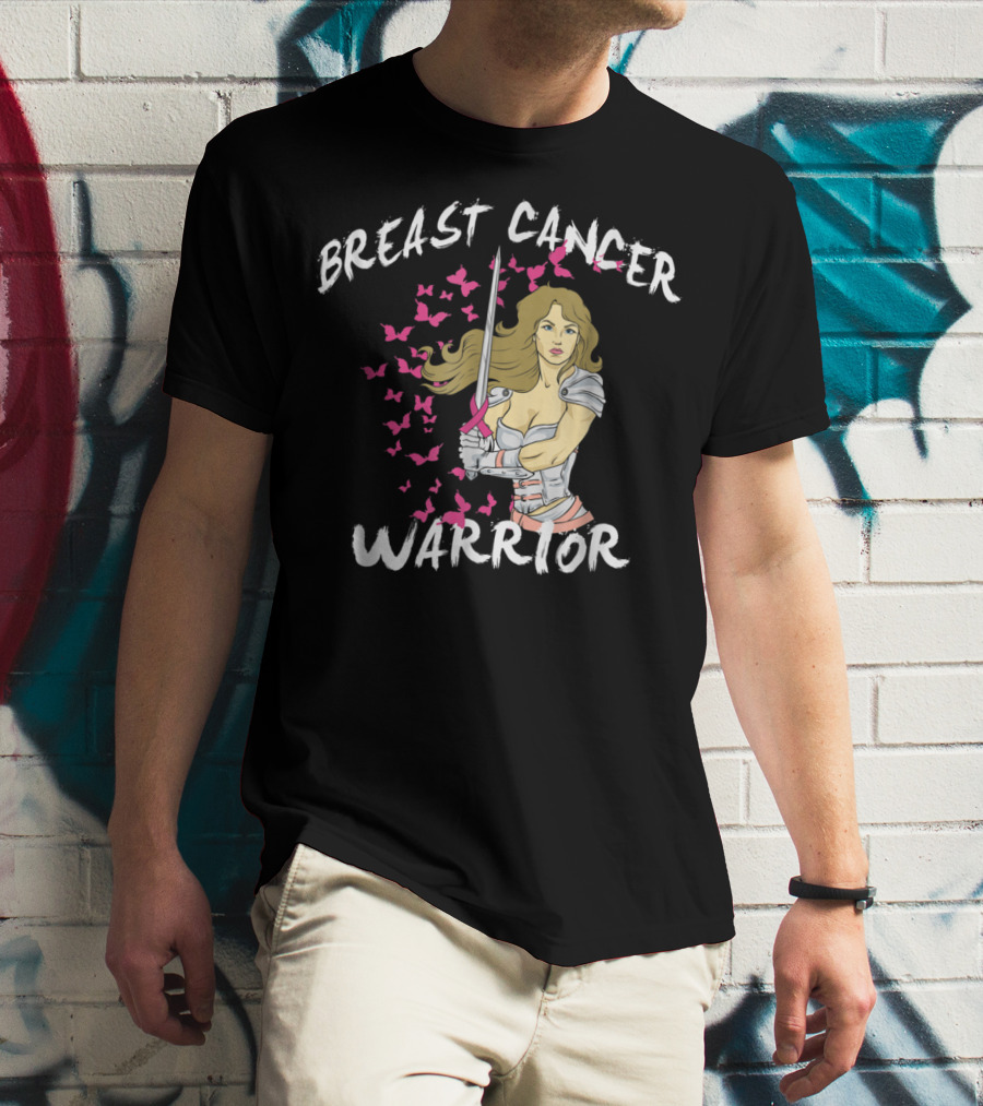 Breast Cancer Warrior Mom Knight With Ribbon Sword And Butterflies T-Shirt