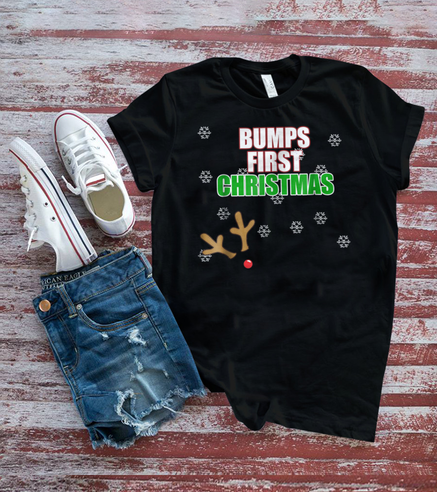 Bumps First Christmas Antlers Red Nose Snowflakes December Mom To Be T-Shirt