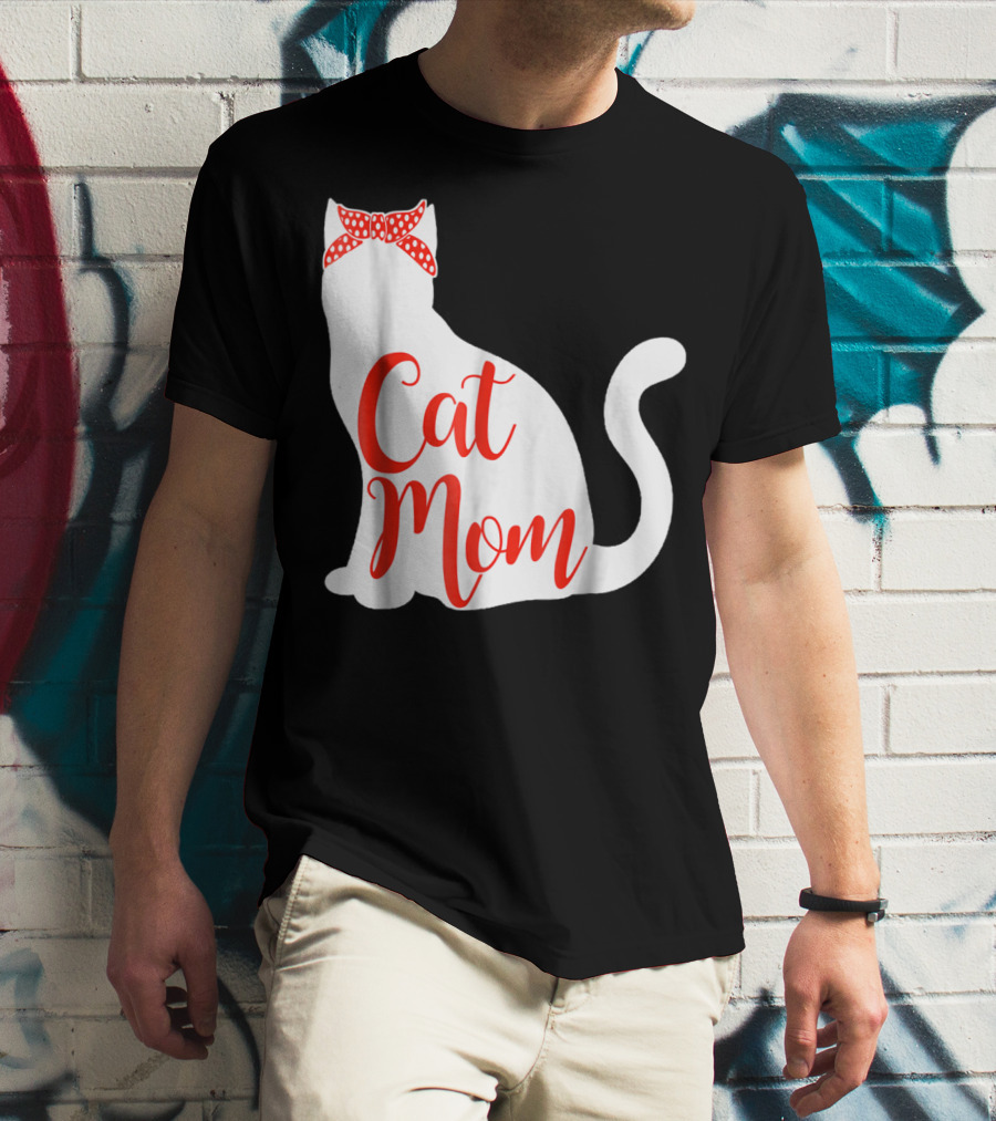 Cat Mom Cute Cat Owner Lover With Red Bow T-Shirt