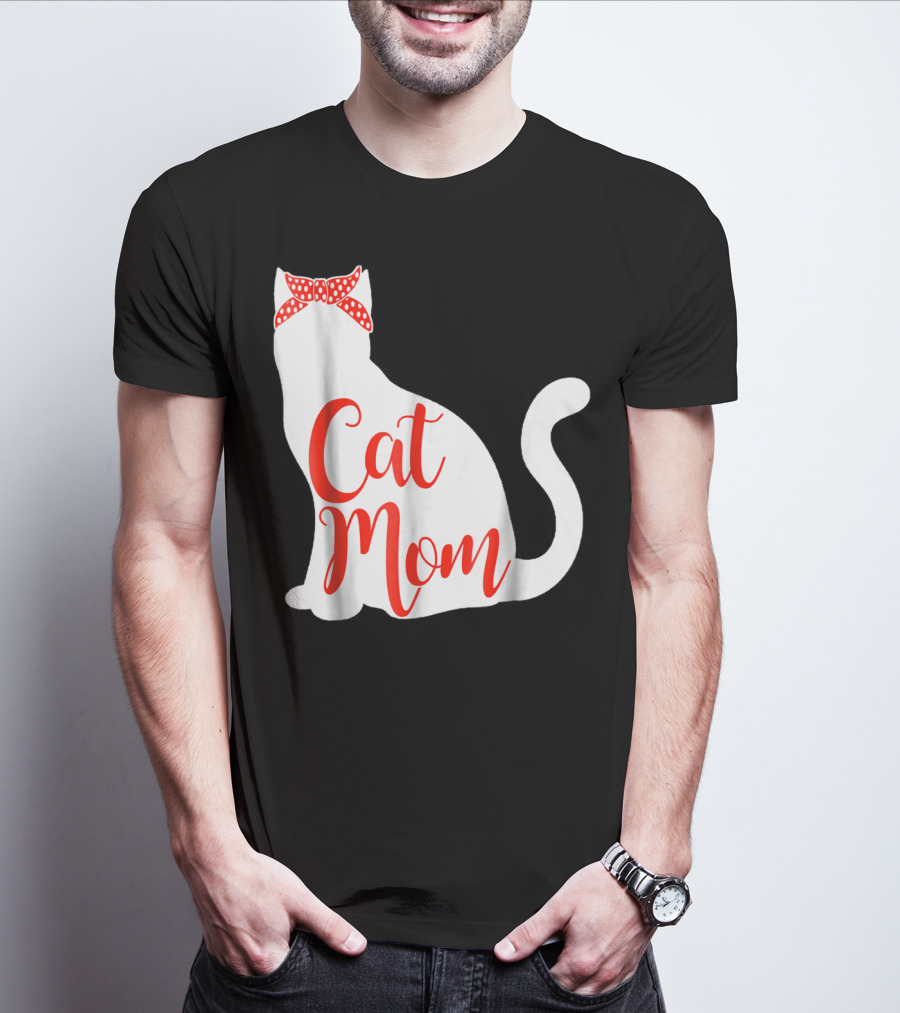 Cat Mom Cute Cat Owner Lover With Red Bow T-Shirt