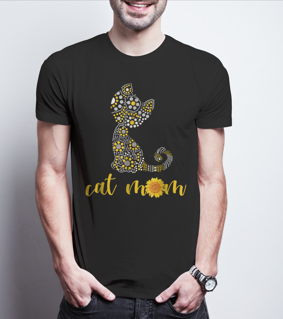 Cat Mom Sunflower Dot Art Funny Cat Lover 90 T-Shirt