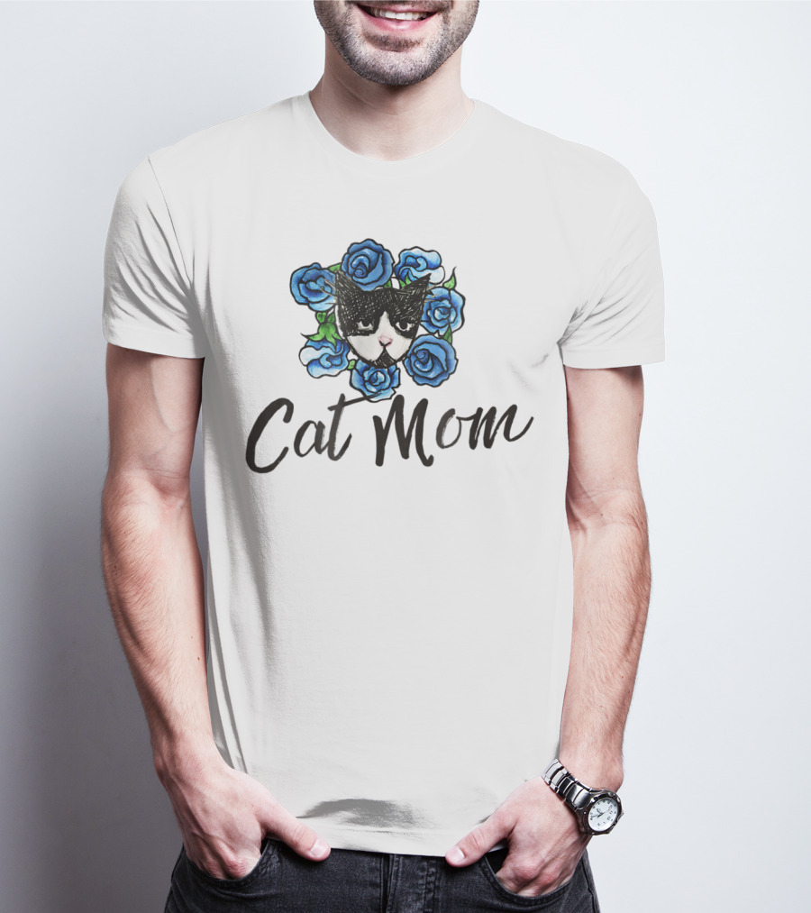 Cat Mom Floral Tuxedo Cat Blue Roses T-Shirt