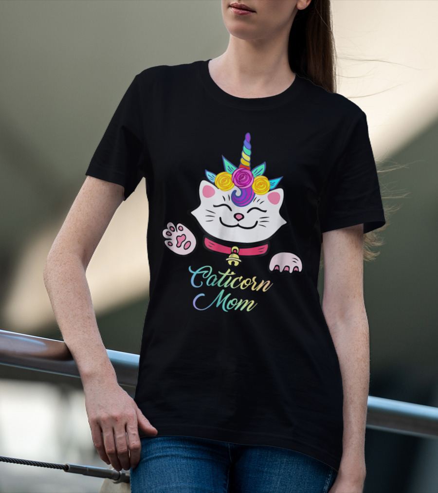 Caticorn Mom Cute Kitten Rainbow Unicorn Cat With Flowers T-Shirt