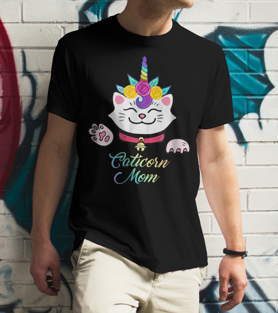Caticorn Mom Cute Kitten Rainbow Unicorn Cat With Flowers T-Shirt
