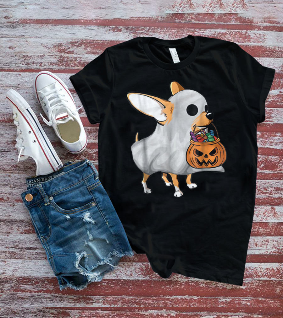Ghost Chihuahua Trick-or-Treat Pumpkin Basket T-Shirt